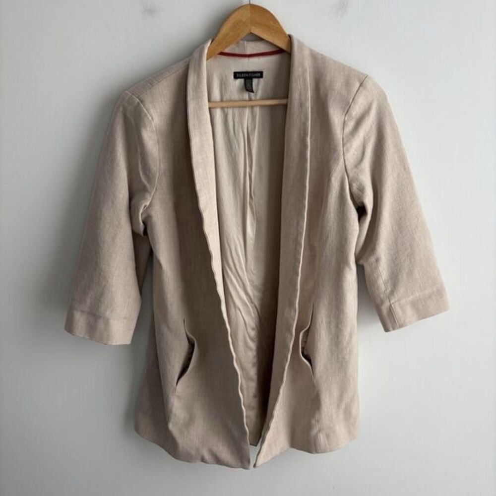 Eileen Fisher Medium Jacket Beige Knit Blazer Open Front Pockets Silk Lined